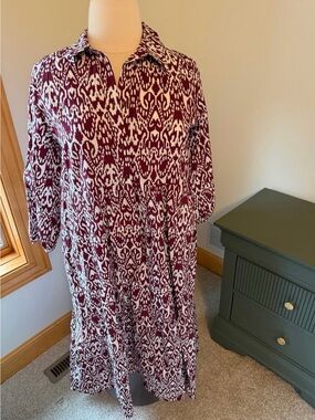Anthropologie Burgundy and White Printed Midi Shirt Dress